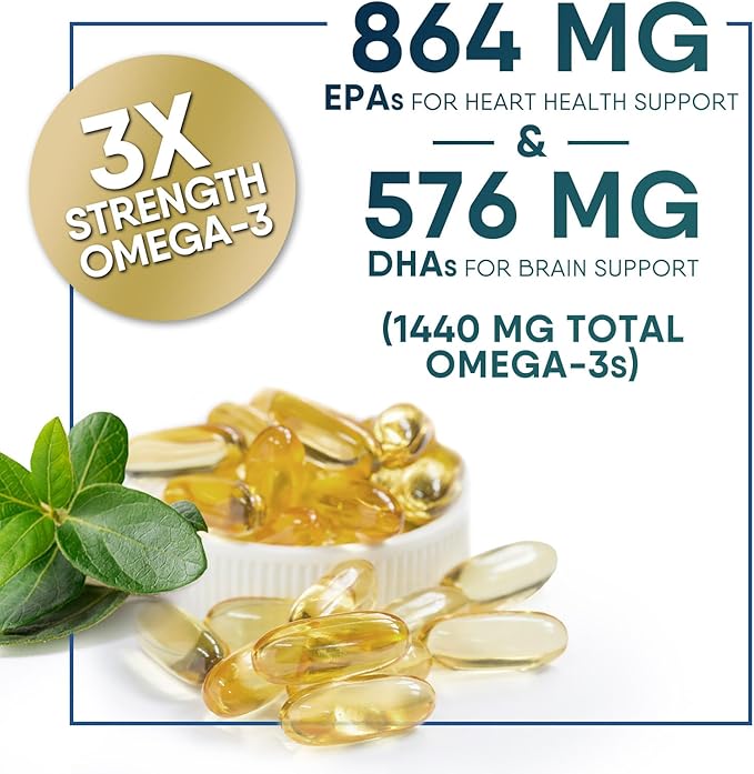 Triple Strength Omega 3 Fish Oil - 2400 mg Natural Omega-3 Supplements Support Brain, Heart & Joint Health with EPA & DHA Essential Fatty Acids - Lemon Flavor, Burpless, Wild Caught - 120 Softgels