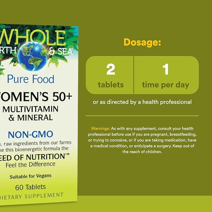 Natural Factors Whole Earth & Sea Women's 50+ Multivitamin & Mineral, 1 Serving Contains Nutrition Equivalent to ½ lb of Veggies, 60 Tablets