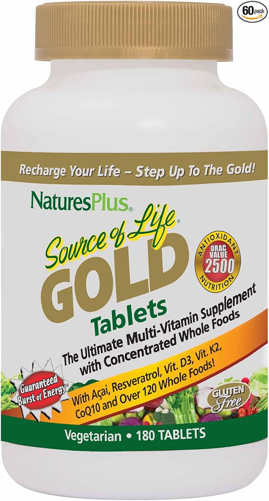 NaturesPlus Source of Life Gold Multivitamin - 180 Tablets - Blood Support, Bone Support, Healthy Immune System - Includes Vitamins D3, B12, K2 & Over 120 Whole Food Nutrients - 60 Servings