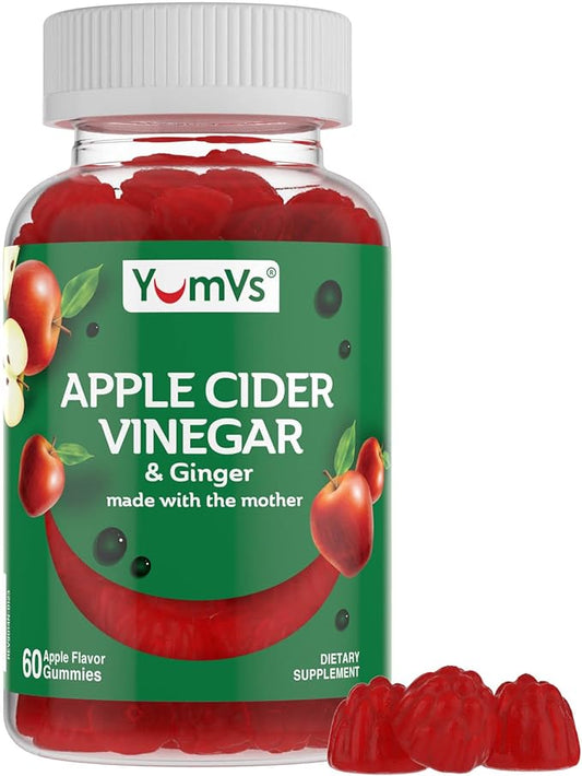 Apple Cider Vinegar Gummies with The Mother + Ginger by YumVs | Non GMO, Vegetarian Supplement for Women & Men | Heart Health and Digestive Support | Natural Apple Flavor Chewables - 60 Count