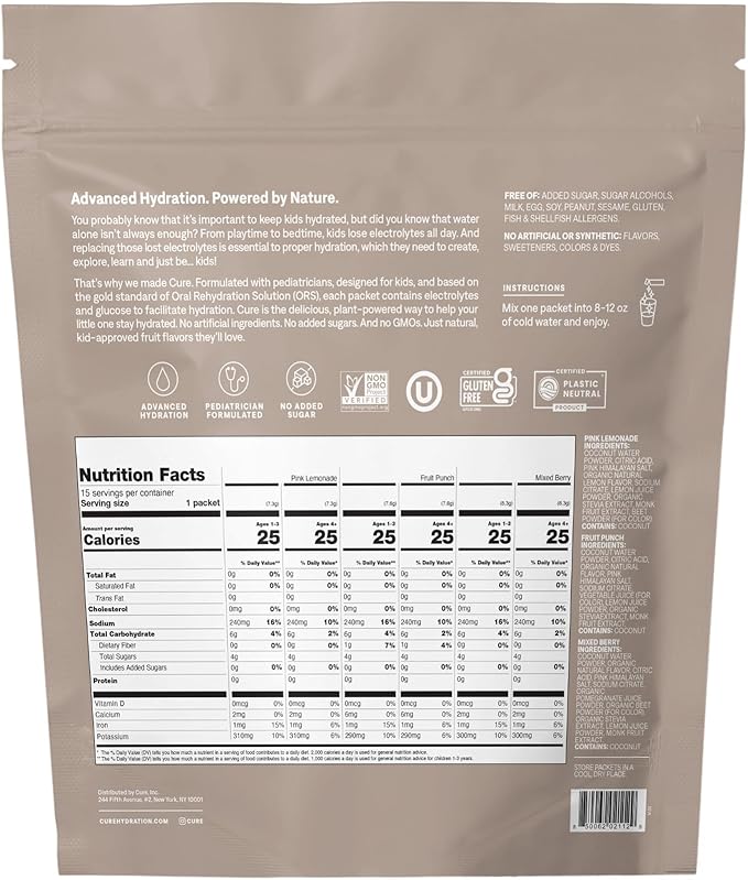 Cure Hydration - Kids Electrolyte Drink Mix | Plant-Based Pediatrician Formulated Rehydration | No Added Sugar, Non-GMO, Gluten-Free, No Artificial Flavors, FSA & HSA | 15 Packets - Variety Pack