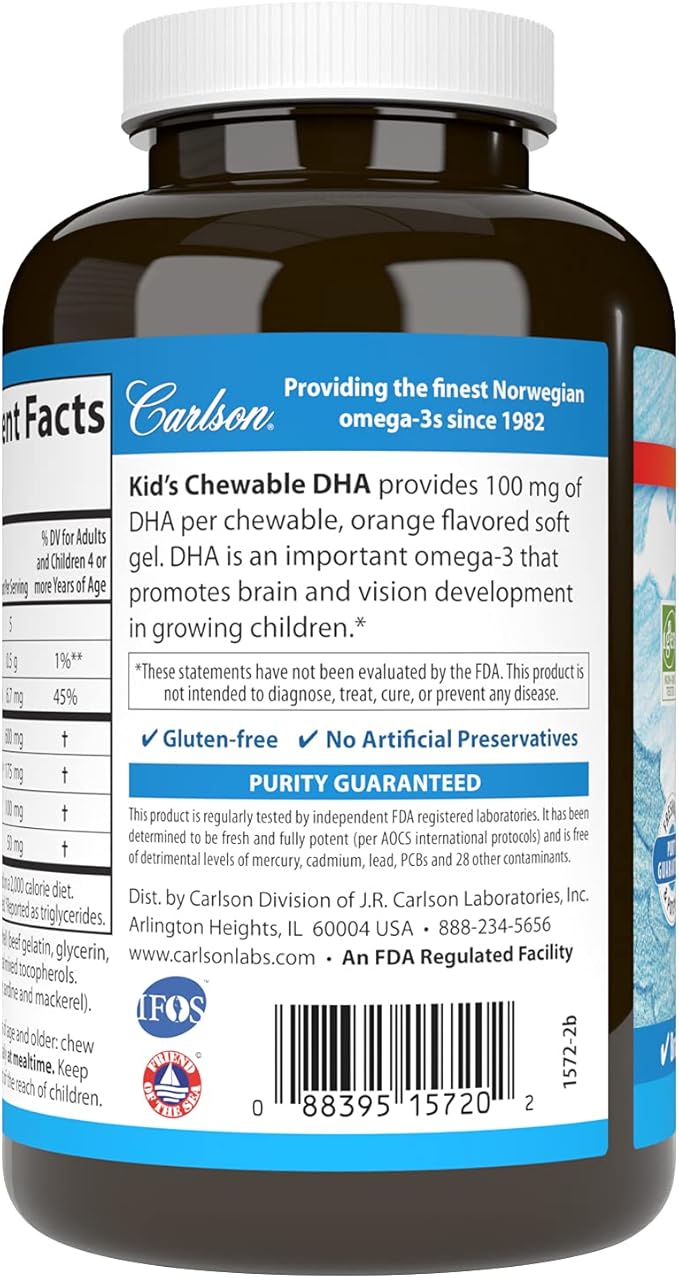 Carlson - Kid's Chewable DHA, 100 mg DHA, Brain Health, Vision Function, Growth & Development, Orange, 180 Chewable Softgels