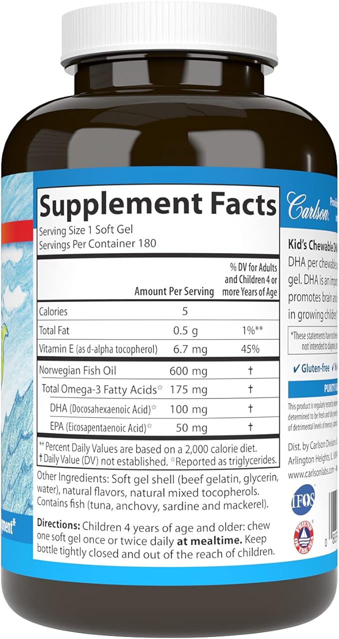 Carlson - Kid's Chewable DHA, 100 mg DHA, Brain Health, Vision Function, Growth & Development, Orange, 180 Chewable Softgels