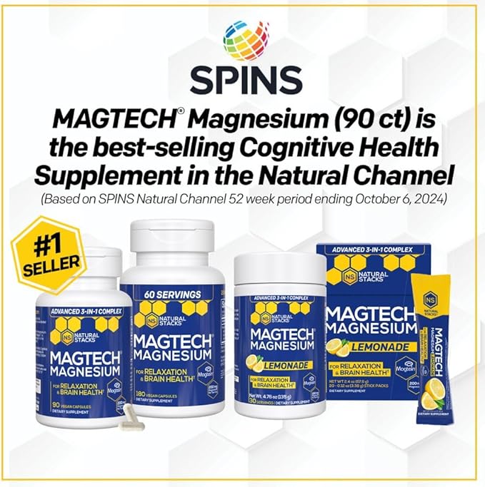 Magtein Magnesium L-Threonate, Glycinate & Taurate - MagTech Magnesium Powder - Sugar Free Lemonade Drink - 200mg Chelated Triple Complex - Supports Relaxation & Brain Health* - 30 Servings