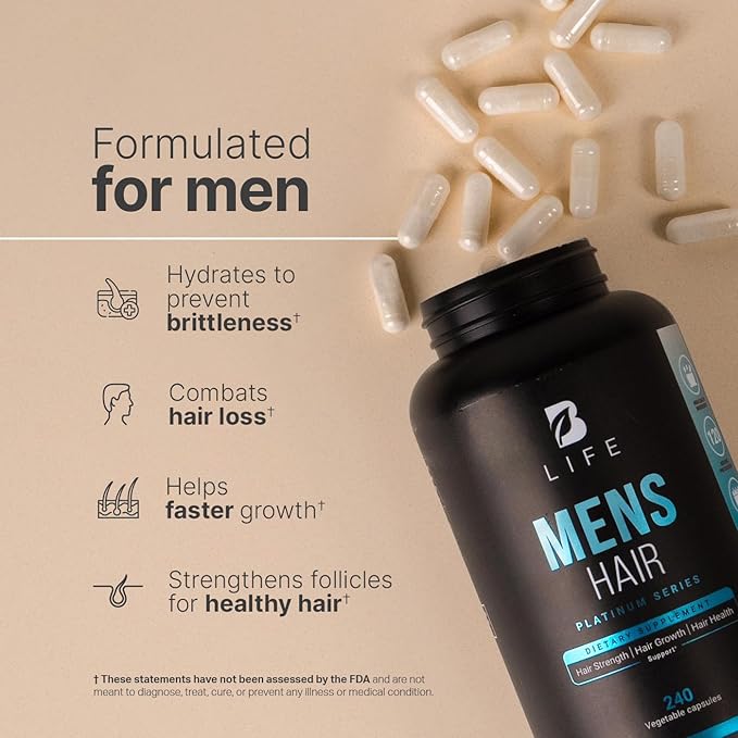 Men's Hair Supplement with Biotin, Selenium, Zinc, Collagen, Vitamins A, C, E, B5 and D3 | 240 Caps - 120 Days | Hair Growth and Strength | Made in USA by B Life.