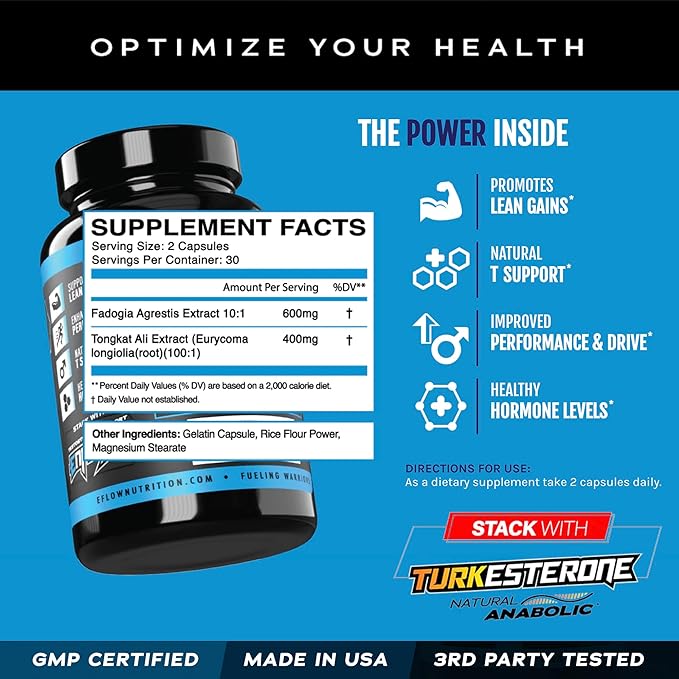 eFlow Nutrition Fadogia Agrestis + Tongkat Ali - [2-in-1] Natural Performance Supplement for Health and Wellness - Hormone, Energy, & Mood Support - Extract Powder (60 Capsules)