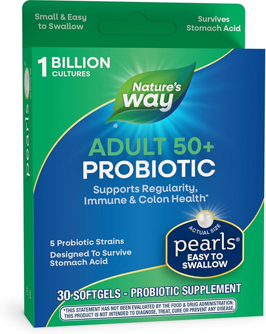 Nature's Way Adults 50+ Probiotic Pearls, Supports Regularity, Immune and Colon Health*, 1 Billion Cultures, No Refrigeration Required, 30 Softgels (Packaging May Vary)