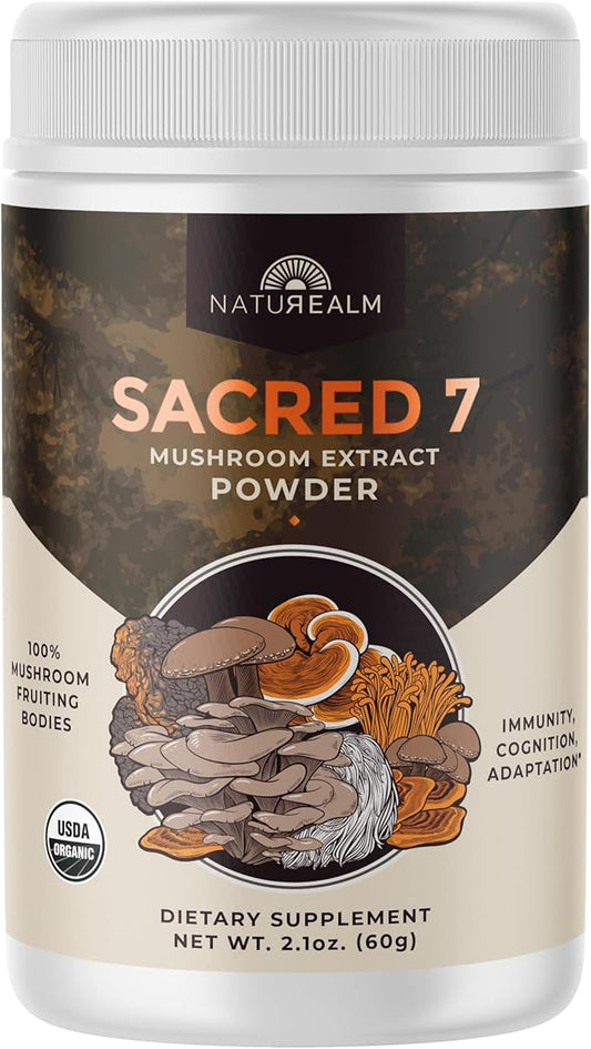 Naturealm - Sacred 7 Mushroom Extract Powder - Lion’s Mane, Cordyceps, Reishi, Turkey Tail, Chaga, Maitake, and Shiitake - 100 Percent Fruiting Bodies, 2oz