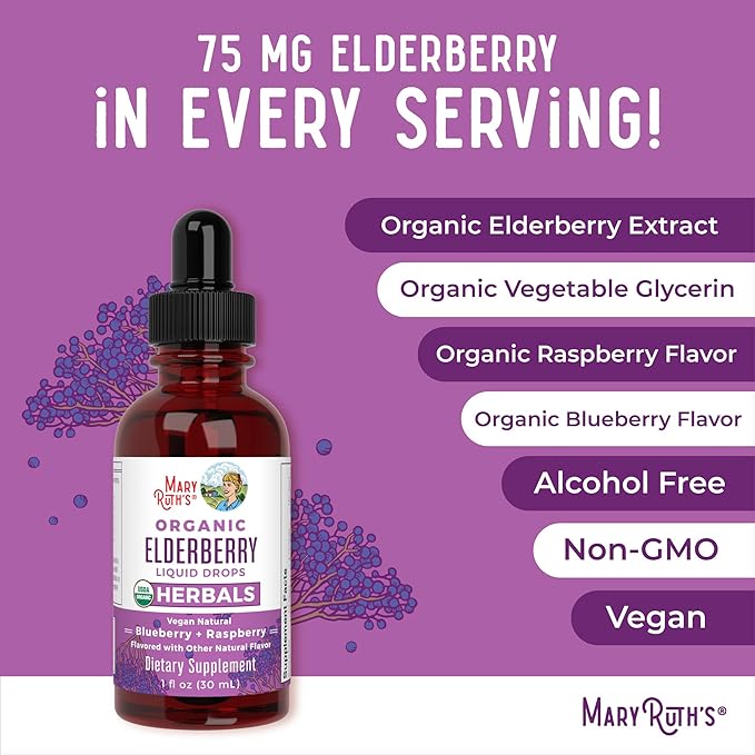 MaryRuth Organics Elderberry Syrup | USDA Organic | Sugar Free Immune Support Supplement for Adults & Kids, Ages 1 | Vegan, Non-GMO, Immune Boosters, Clean Label Project Verified | 1 Fl Oz
