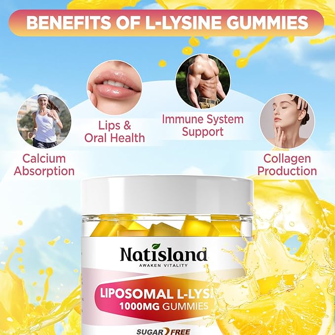 Liposomal L-Lysine 1000mg Gummies, Lysine Supplements for Women & Men, Chewable Vitamin Lysine Gummies for Lips & Oral Health, Immune Support, Kids Friendly, Sugar-Free Lemon Flavor, 60 CT