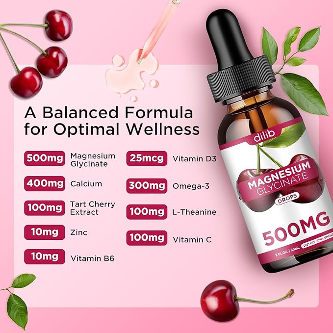 Magnesium Glycinate Supplement, Magnesium Glycinate Liquid Drops 500mg with Calcium, Zinc, Vitamin B6, D3, L-Theanine, Omega 3 for Sleep, Mood, Stress Relief, Bone, Muscle, Cherry Flavor
