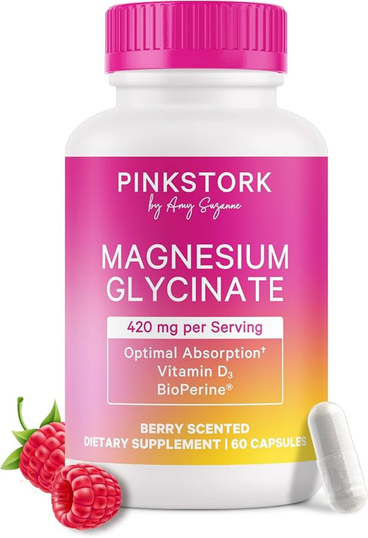 Pink Stork Magnesium Glycinate with Vitamin D - Magnesium Supplement for Women to Support Natural Calm, Mood, and Sleep - Hormone Balance for Women - 60 Capsules, Berry Essence, 1 Month Supply