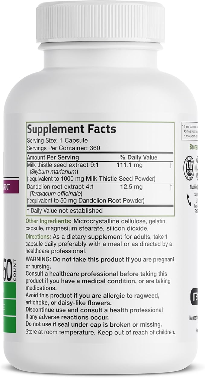 Bronson Milk Thistle Silymarin Marianum & Dandelion Root Liver Health Support, Antioxidant Support, Detox, 360 Capsules