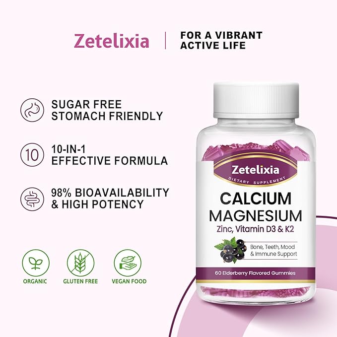 Calcium Gummies with D3, Calcium Magnesium Supplement with Glycinate,Potassium,Vitamin D3 & K2, &Whole Natural Food for Bone & Immune Support- 120 Chewable Gummy Elderberry Flavor