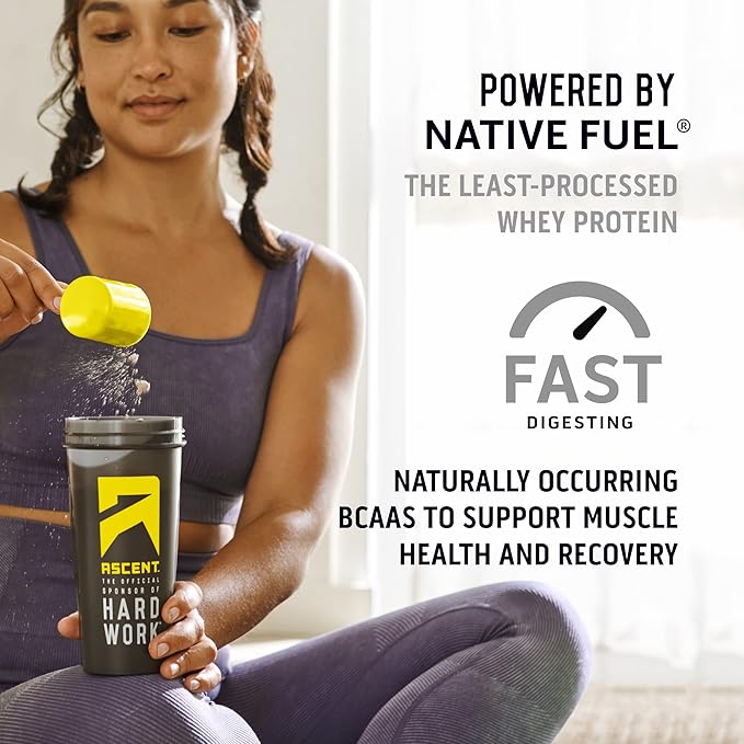 Ascent 100% Whey Protein Powder - Post Workout Whey Protein Isolate, Zero Artificial Flavors & Sweeteners, Gluten Free, 5.5g BCAA, 2.6g Leucine, Essential Amino Acids, Strawberry 1.7 lb