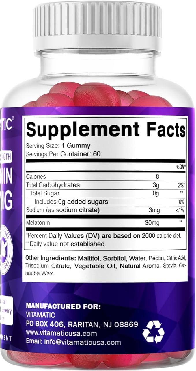 Vitamatic Sugar Free Melatonin 30mg per Gummy - 60 Servings - 60 Vegetarian Gummies - Non-Habit Forming Supplement (60 Count (Pack of 3))