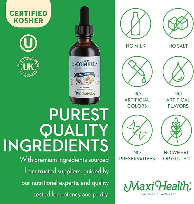 Maxi Health Kids Raspberry Liquid Vitamin B Complex - Vitamin Supplement with Vitamin B12 - Sublingual B Vitamins Complex Drops for Kids with B1 B2 B3 B5 B6 Biotin Folic Acid - 2 fl. Ounces
