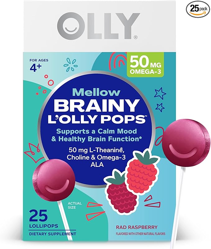 OLLY Mellow Buddies L’OLLY Pops, Omega-3 ALA, L-Theanine, Choline, Kids Dietary Supplement Lollipops, Supports a Calm Mood & Healthy Brain Function, Vegetarian, Raspberry Flavored, 25 Count