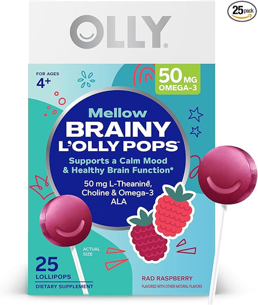 OLLY Mellow Buddies L’OLLY Pops, Omega-3 ALA, L-Theanine, Choline, Kids Dietary Supplement Lollipops, Supports a Calm Mood & Healthy Brain Function, Vegetarian, Raspberry Flavored, 25 Count
