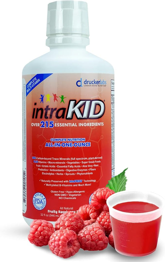 DRUCKER Labs 2.0 Organic Liquid Trace Minerals, Liquid Multivitamin for Kids, Immune Support, Non GMO, Dairy Free, Gluten Free, Magnesium, Vitamin D, C, E, Zinc, (32 oz., Fruity Raspberry)