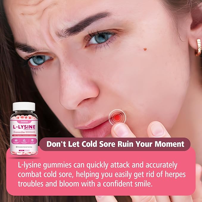 1000mg L-Lysine Gummies, Lysine Gummies Supplement for Adults & Kids, Essential Amino Acid with L-Arginine, L-Glutamine, Vitamin for Lip & Skin, Immune, Calcium Absorption, Strawberry Flavor, 60Ct