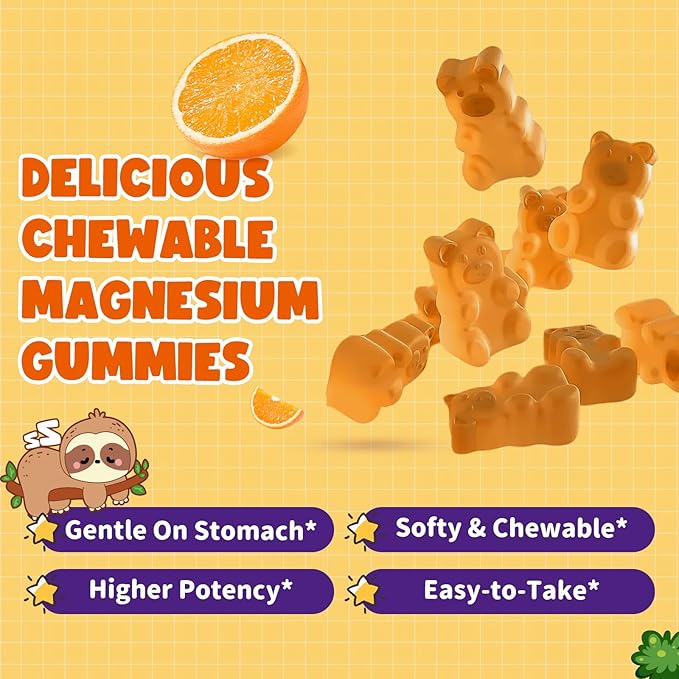 Magnesium Gummies for Kids - Magnesium Glycinate Gummies with Vitamin D3, B6, Potassium & Ashwagandha, Magnesium for Kids & Adults Relaxation, Sleep, Brain & Bone Health -Vegan Orange 60ct