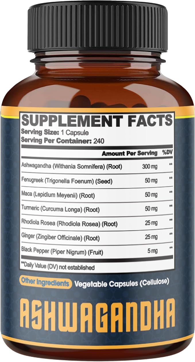 240 Capsules - 8 Month Supply - 7in1 with Fenugreek, Maca, Turmeric, Rhodiola, Ginger, and Black Pepper - Mood, Strength, Spirit and Energy Support Supplement