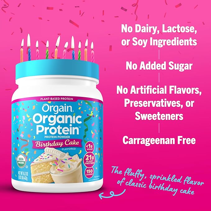 Orgain Organic Vegan Protein Powder, Birthday Cake - 21g Plant Based Protein, 7g Prebiotic Fiber, Low Net Carb, No Lactose Ingredients, No Added Sugar, Non-GMO, for Shakes & Smoothies, 1.02 lb