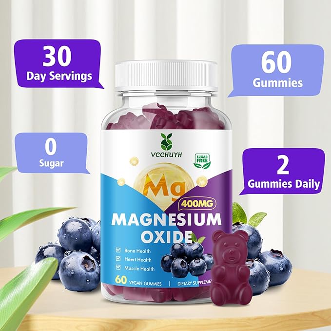 Magnesium Oxide Gummies 400mg, Sugar Free Magnesium Oxide Supplement for Adults & Kids, Muscle Support & Energy Boost, Non GMO, Blueberry Flavor 120 Count