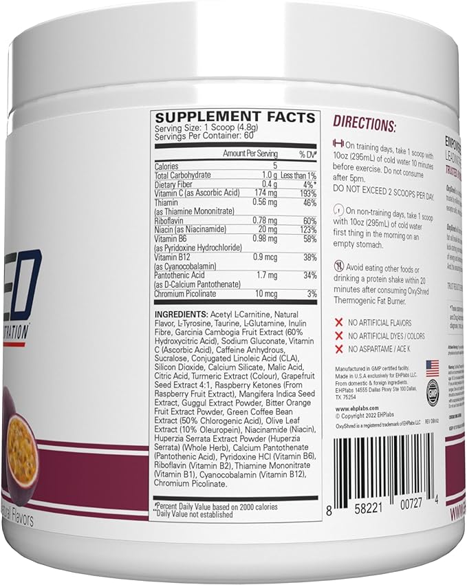 EHP Labs OxyShred Pre Workout Powder & Shredding Supplement - Preworkout Powder with L Glutamine & Acetyl L Carnitine, Energy Boost Drink - Passionfruit, 60 Servings