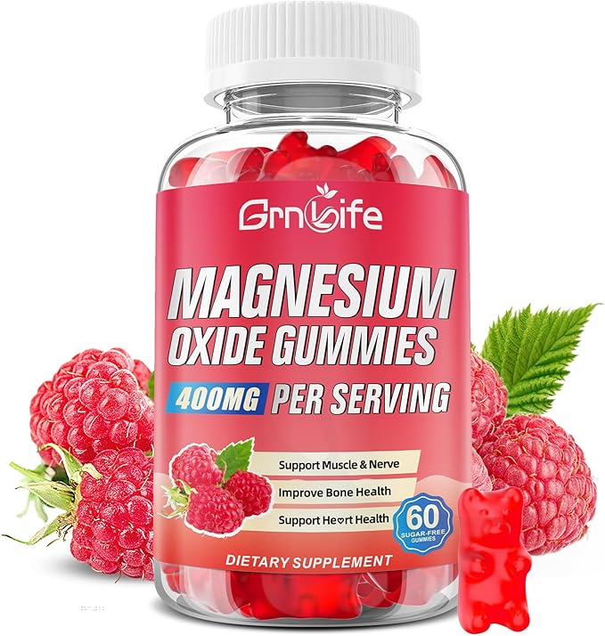 Magnesium Oxide Gummies 400mg, Chewable Magnesium Oxide Supplement for Adults & Kids, Nerve & Muscle Support, Vegan, Raspberry Flavor, 60 Count