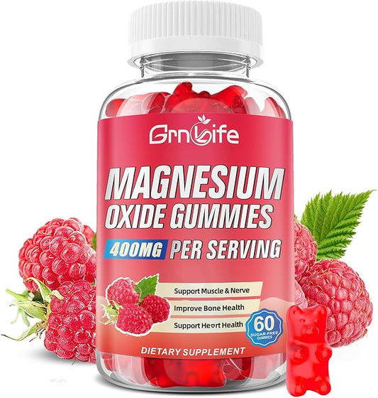 Magnesium Oxide Gummies 400mg, Chewable Magnesium Oxide Supplement for Adults & Kids, Nerve & Muscle Support, Vegan, Raspberry Flavor, 60 Count