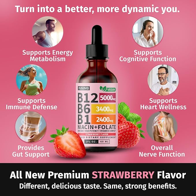 (4 Pack) Vitamin B12 and B6 Liquid Drops, B12 Sublingual Vitamin B Complex - B 12 Vitamin 5000mcg - B12 Methylcobalamin for Energy, Brain, and Heart Support with 27,200 mcg, Strawberry, 80 Servings