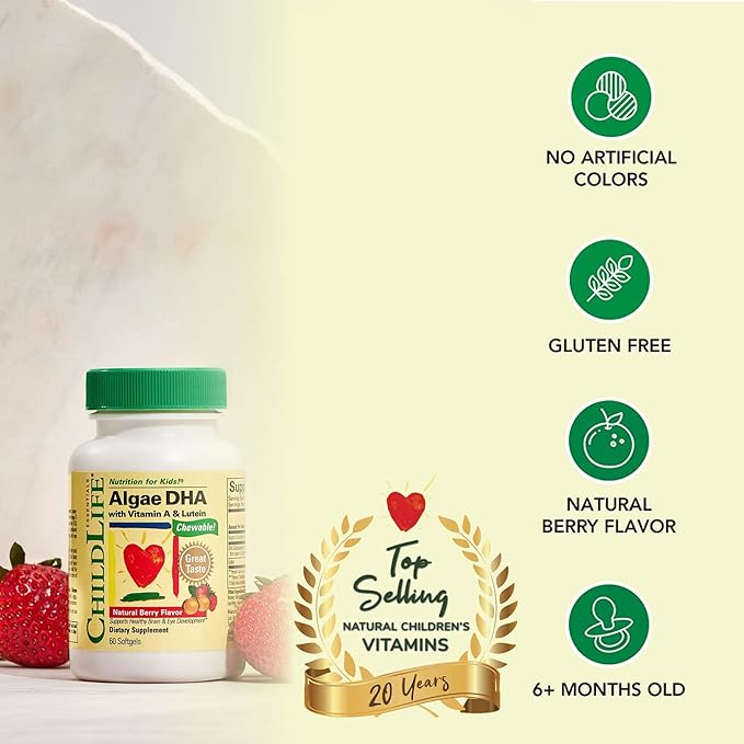 ChildLife Essentials Algae DHA for Kids - Omega 3 Supplement & Fish Oil Alternative - Algae Oil for Toddlers & Children - Natural Berry Flavor, 60 Chewable Softgels