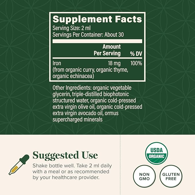 Global Healing Iron Supplement for Women and Men - Blood Builder Liquid Iron Vitamin with Curry Plant Extract - Natural Energy to Combat Fatigue, Brain Health & Oxygen Level Support (2 Oz)