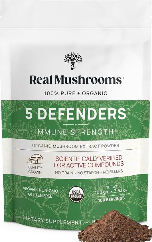 Real Mushrooms 5 Defenders Powder - Organic Mushroom Extract w/Chaga, Shiitake, Maitake, Turkey Tail, Reishi Supplement for Brain, Focus, Immune Support Vegan, Non-GMO, 100 Servings