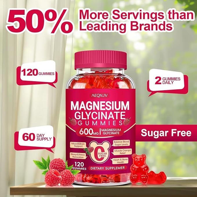 Magnesium Glycinate Gummies 600mg, Sugar Free Magnesium Gummies for Adults with L-Threonate, Chewable Potassium Supplements for Sleep, Body Support and Relaxation, 2 Pack
