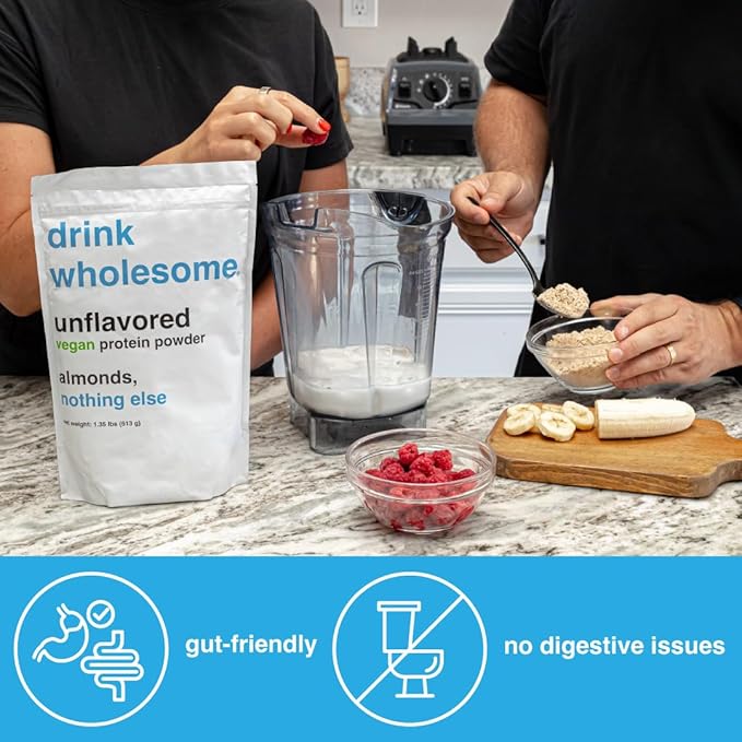 drink wholesome Vegan Unflavored Almond Protein Powder | for Sensitive Stomachs | Gut Friendly | Dairy Free | No Artificial Sweeteners or Stevia | Low Sodium, Paleo & Plant Based | for Kids & Seniors