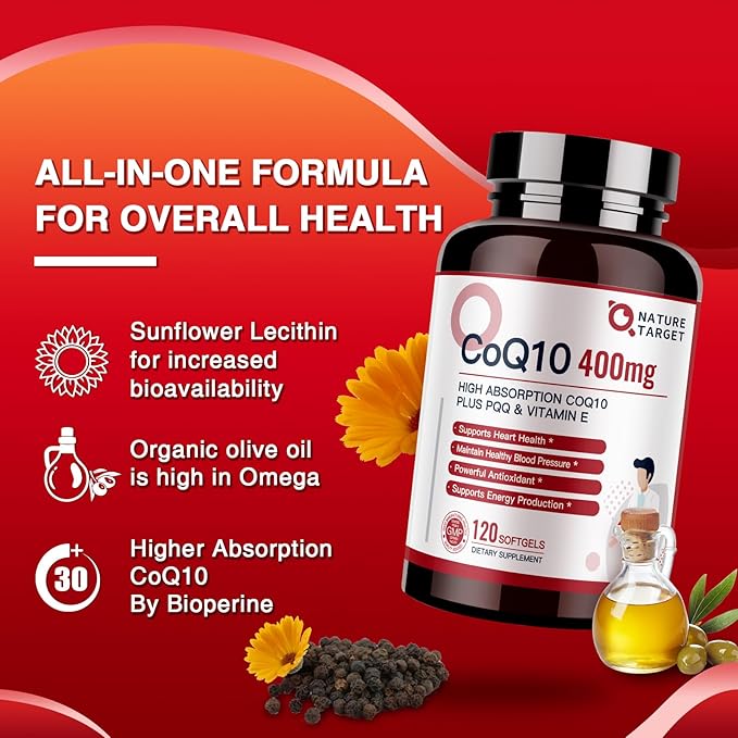 NATURE TARGET CoQ10-400mg Plus PQQ with Vitamin E & Organic Olive Oil - Coenzyme-Q10 with BioPerine - High Absorption Antioxidant-for-Heart-Health and Energy Production,120 Servings