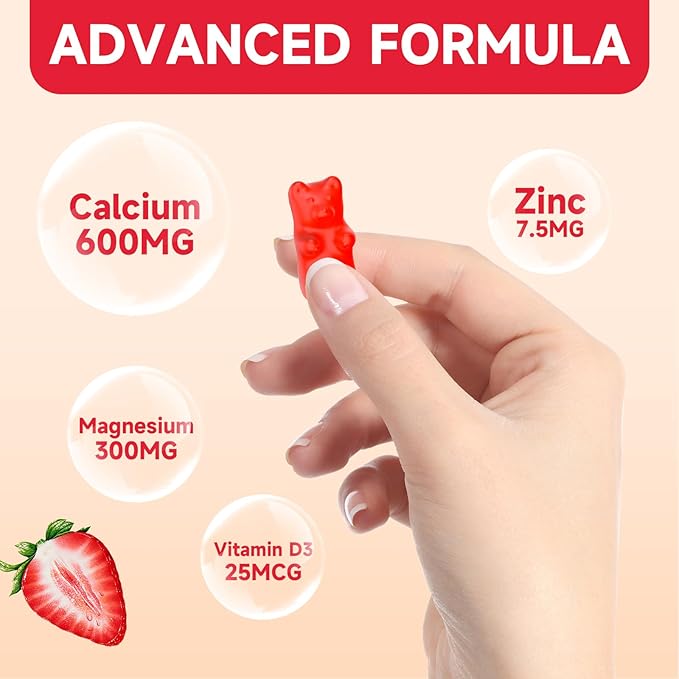 Calcium Magnesium Zinc Gummies with High Absorption Magnesium 300mg, Calcium Supplement with D3 for Bone, Muscles & Immune Support for Kids & Adults, Strawberry Flavor, 60 Count