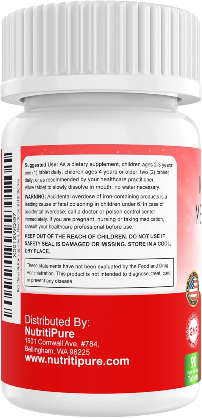 NutriPure Kids Chewable Iron Supplement, Ferronyl® Carbonyl Iron 9 mg, Vitamin C 30 mg, Tangerine Tango Orange Flavor, 90 Count
