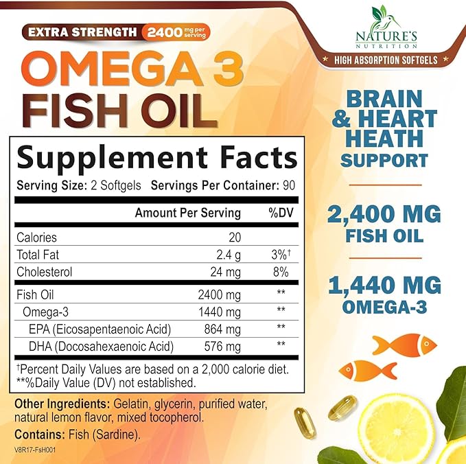 Triple Strength Omega 3 Fish Oil - 2400 mg Natural Omega-3 Supplements Support Brain, Heart & Joint Health with EPA & DHA Essential Fatty Acids - Lemon Flavor, Burpless, Wild Caught - 180 Softgels
