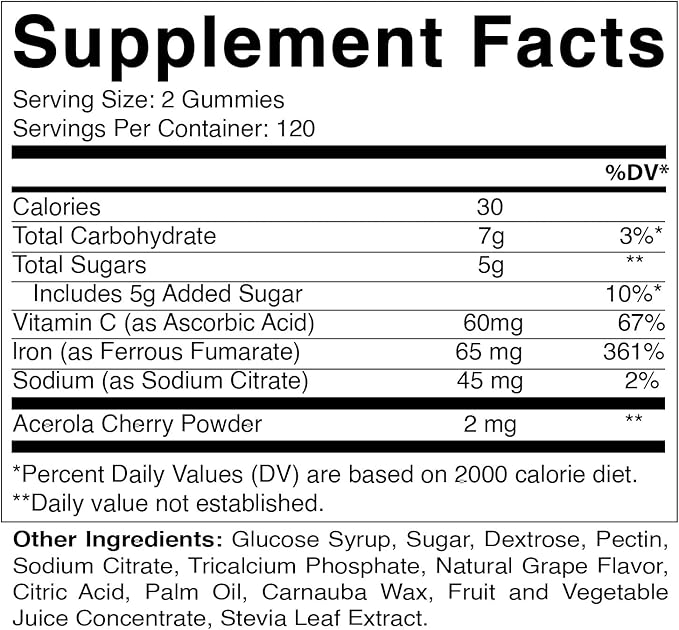 Vitamatic Iron 65 mg Gummies Supplement for Women & Men - 240 Vegan Gummies - Great Tasting Iron Gummy Vitamins with Vitamin C