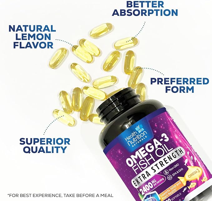 Omega 3 Fish Oil 2400 mg - Triple Strength Omega3, EPA & DHA Fatty Acids Supplement - Natural Support for Immune, Heart & Brain Health - Wild Caught, Non-GMO, Lemon Flavor, Burpless - 120 Softgels