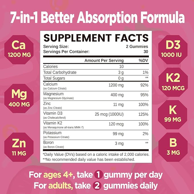 Calcium Citrate Gummies 1200 mg, Chewable Calcium Supplements for Women & Men with Vitamin D3, K2, Magnesium, Zinc, Potassium, Boron, Sugar-Free, Vegan, Immune & Bone Support, 60 Gummies