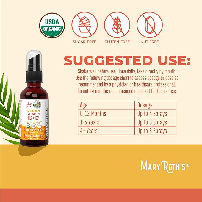 MaryRuth's Vitamin D3 | K2 | Liquid Spray | Supplement for Adults & Kids | Calcium Absorption Strong Bones | Vegan | Non-GMO | Gluten Free | 1 Fl Oz