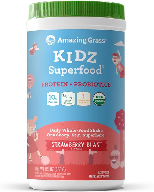 Amazing Grass Kidz Superfood: Vegan Protein & Probiotics for Kids with Beet Root Powder & 1/2 Cup of Leafy Greens, Strawberry Blast, 15 Servings