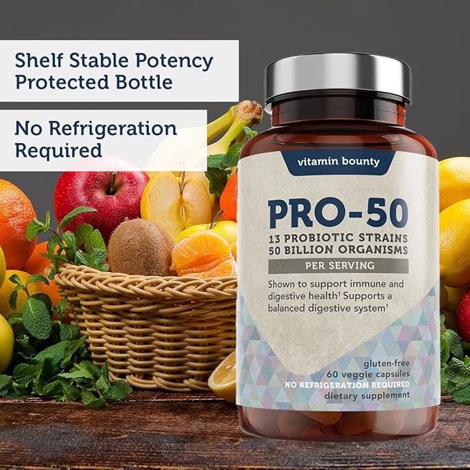 Vitamin Bounty Pro-50 Probiotic - 50 Billion Organisms and 13 Probiotic Strains that Promote Gut Health, Digestive Health Probiotic, Delayed Release Capsule with Prebiotic Greens - 60 Capsules, 2 Pack