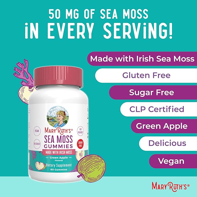 MaryRuth Organics Gummies Sugar Free Made with Irish Sea Moss for Gut Health and Immune Support Formulated for Adults and Kids Ages 4+ Vegan Non-GMO Gluten Free | 60 Count