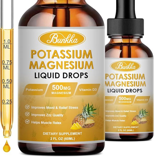 Potassium Magnesium Supplement, Potassium Supplement with Magnesium, Calcium, Vitamin D3, Zinc, Sugar Free & Vegan Liquid Drops for Leg Cramps, Energy, Metabolism, for Adult and Kid